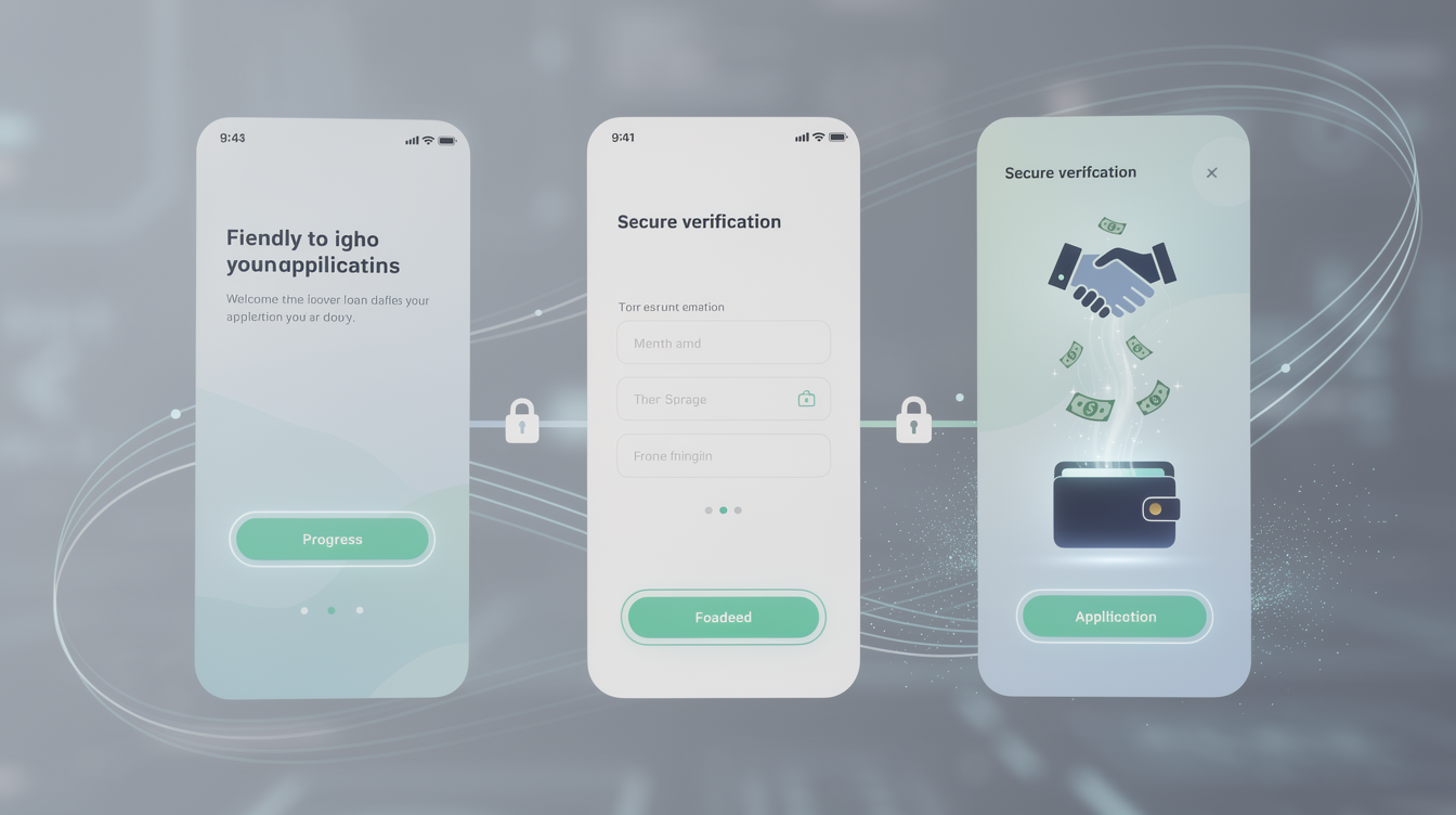 Визуализация процесса подачи заявки на кредит с акцентом на простоту и интуитивность интерфейса, показывающая этапы от начала до получения средств.
